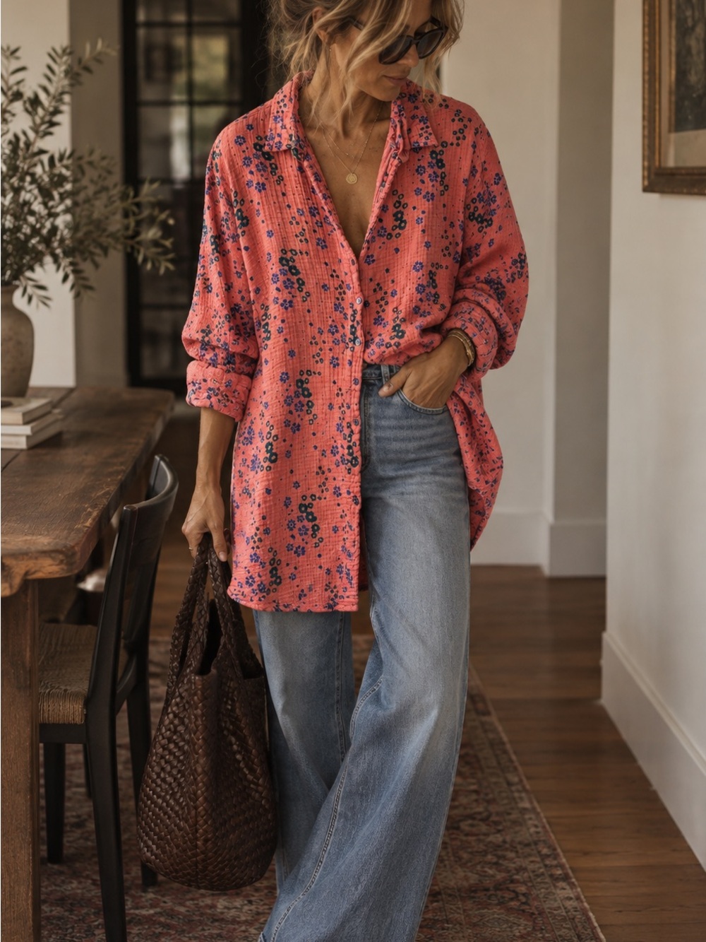 NATURAL LIFE Coral Pink Floral Button-Down Shirt